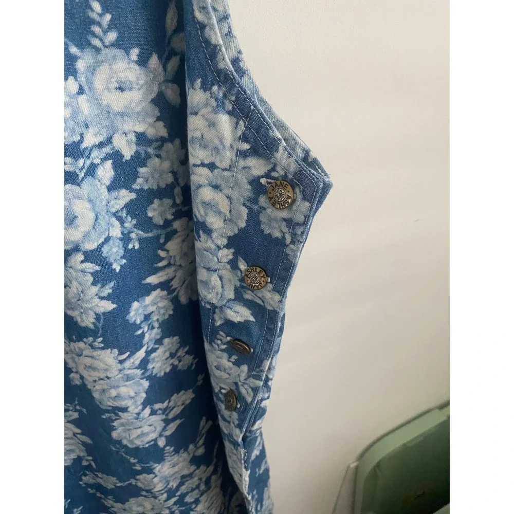 Blue Floral Cotton Denim Sleeveless Jumper Dress Plus Size 2X - Picture 6 of 8